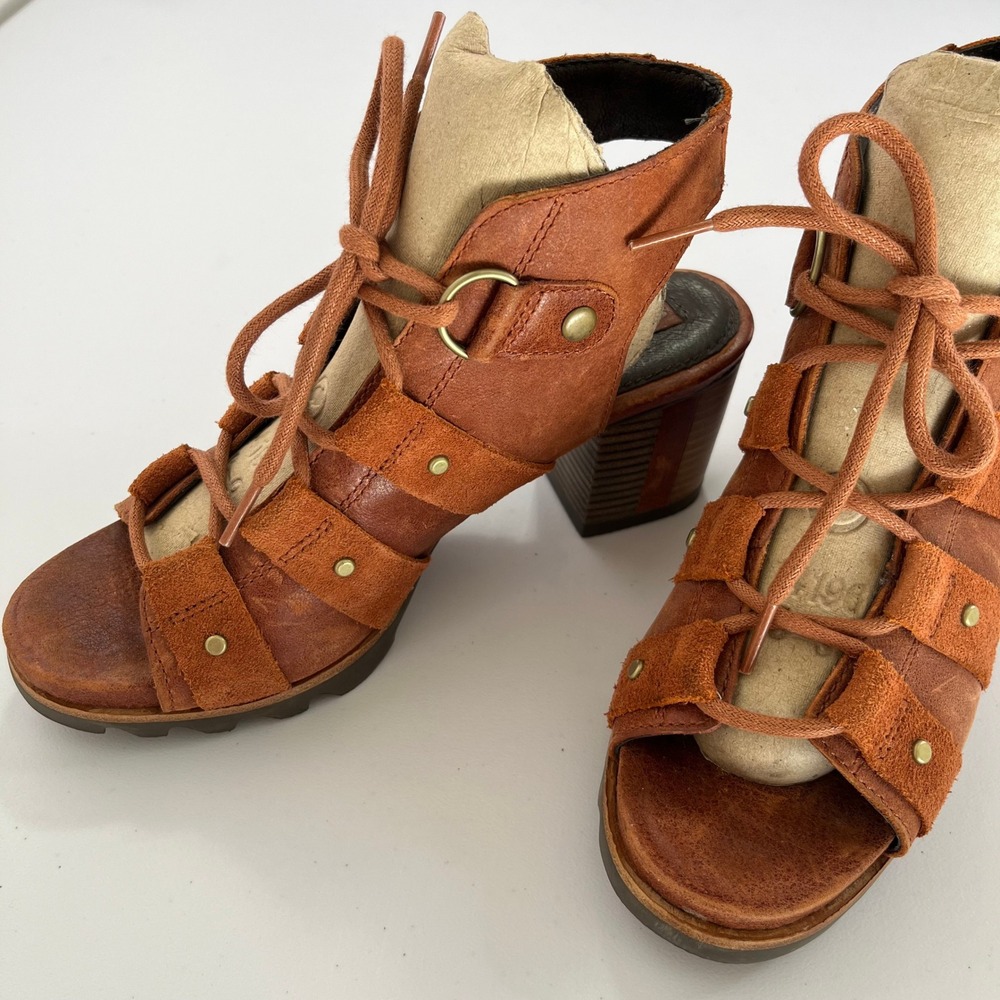Sorel Addington Women's 7 Rust Brown Leather Lace Up Block Heel Sandals 659 - Picture 5 of 10